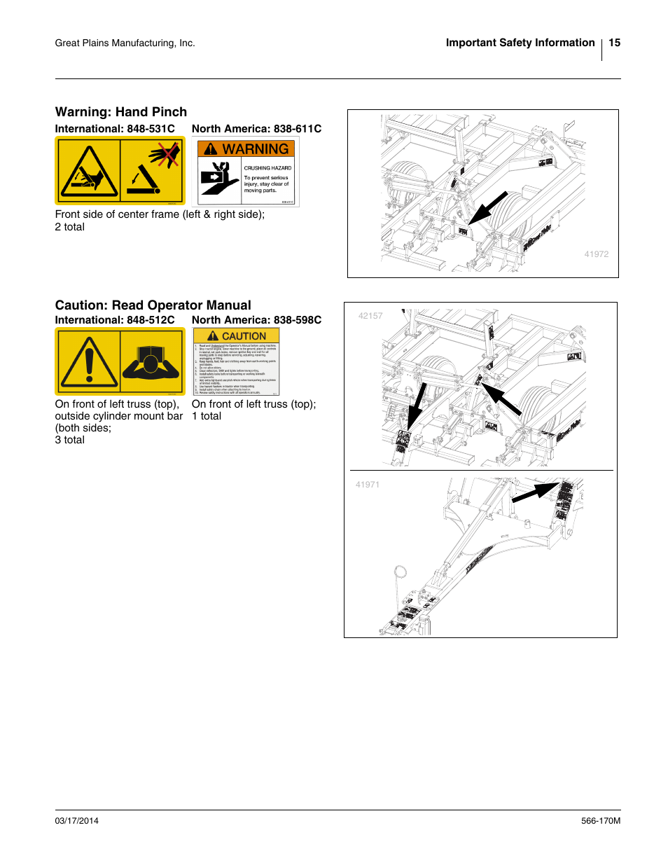 Warning: hand pinch, International: 848-531c, North america: 838-611c | Caution: read operator manual | Great Plains TCN5313 Operator Manual User Manual | Page 19 / 76