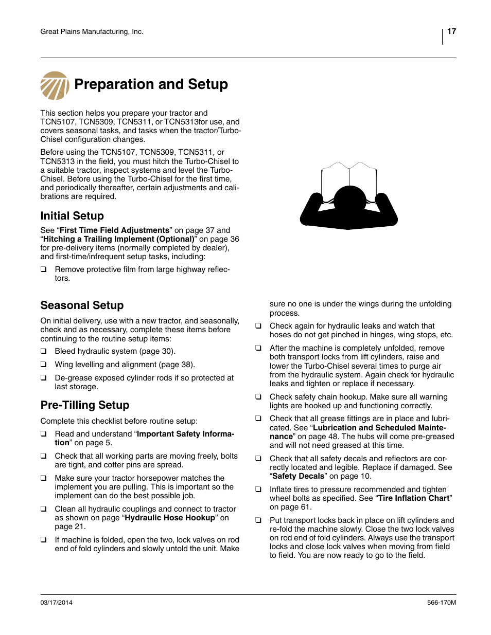 Preparation and setup, Initial setup, Seasonal setup | Pre-tilling setup | Great Plains TCN5313 Operator Manual User Manual | Page 21 / 76