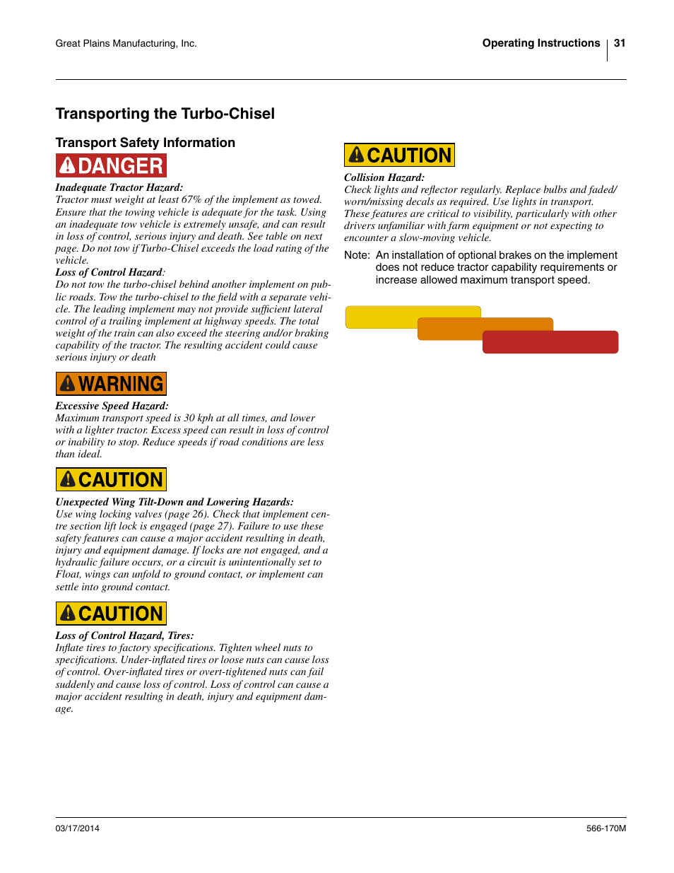 Transporting the turbo-chisel, Transport safety information | Great Plains TCN5313 Operator Manual User Manual | Page 35 / 76