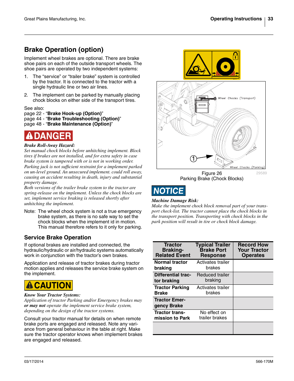 Brake operation (option), Service brake operation | Great Plains TCN5313 Operator Manual User Manual | Page 37 / 76