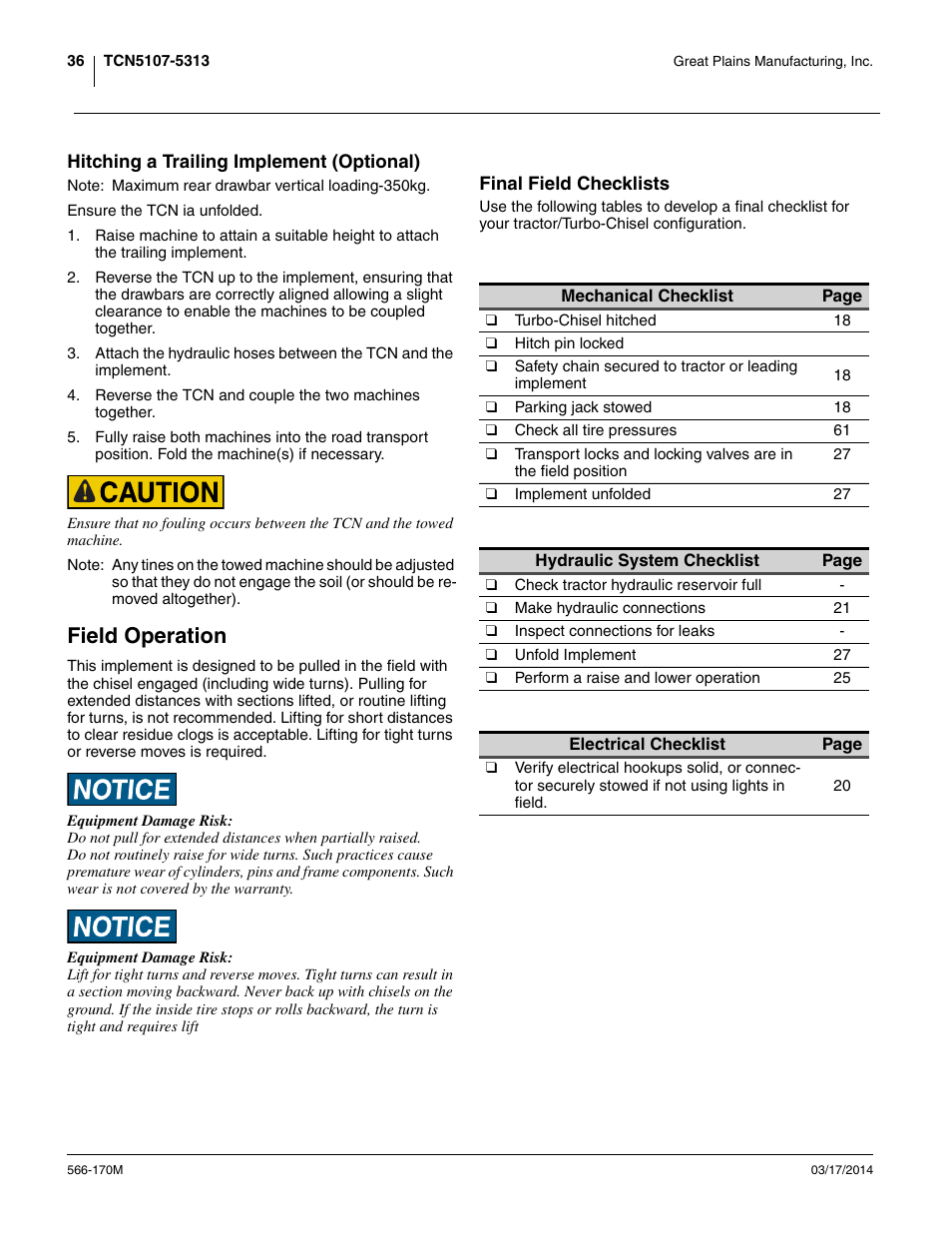 Hitching a trailing implement (optional), Final field checklists, Field operation | Great Plains TCN5313 Operator Manual User Manual | Page 40 / 76