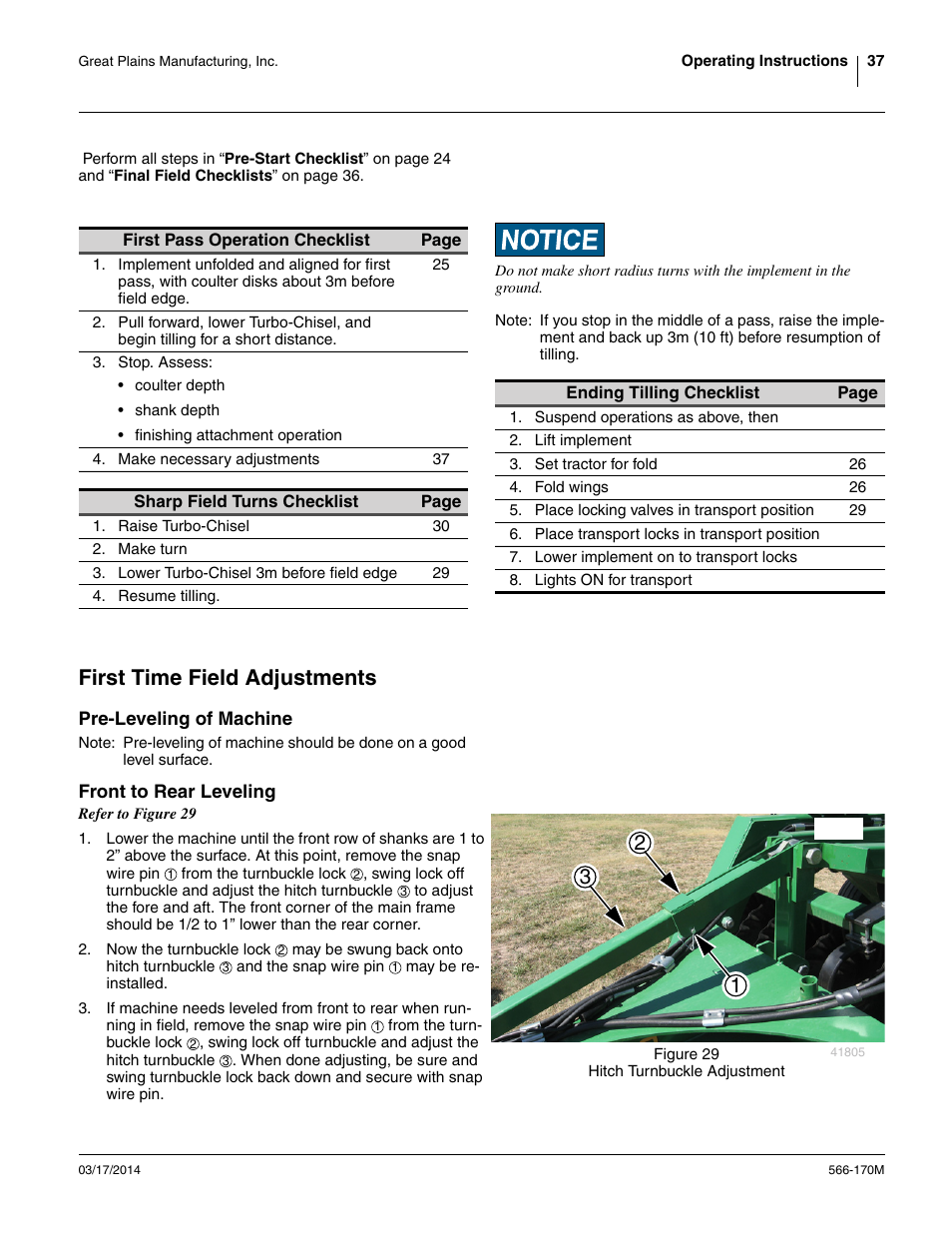 First time field adjustments, Pre-leveling of machine, Front to rear leveling | Pre-leveling of machine front to rear leveling | Great Plains TCN5313 Operator Manual User Manual | Page 41 / 76