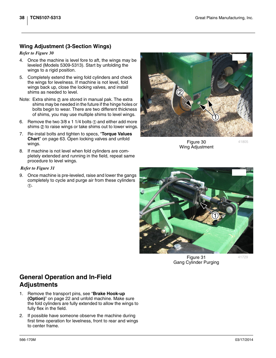 Wing adjustment (3-section wings), General operation and in-field adjustments | Great Plains TCN5313 Operator Manual User Manual | Page 42 / 76