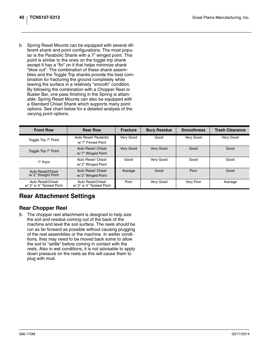 Rear attachment settings, Rear chopper reel | Great Plains TCN5313 Operator Manual User Manual | Page 44 / 76