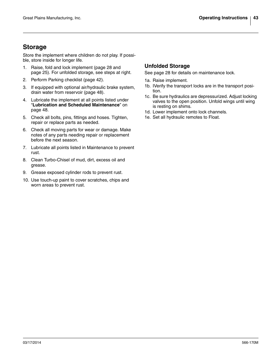 Storage, Unfolded storage | Great Plains TCN5313 Operator Manual User Manual | Page 47 / 76