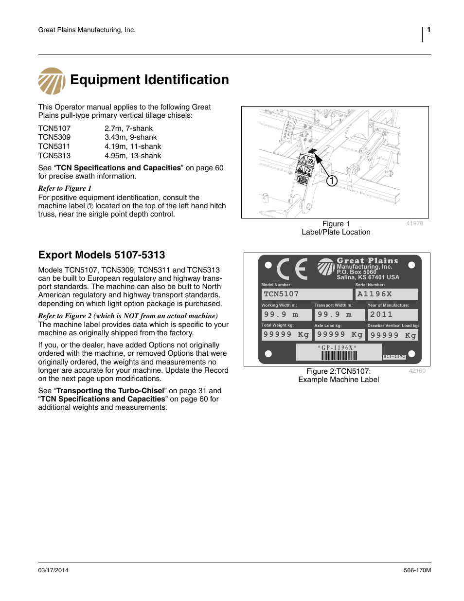 Equipment identification, Export models 5107-5313, Equipment identification export models 5107-5313 | A1196x | Great Plains TCN5313 Operator Manual User Manual | Page 5 / 76