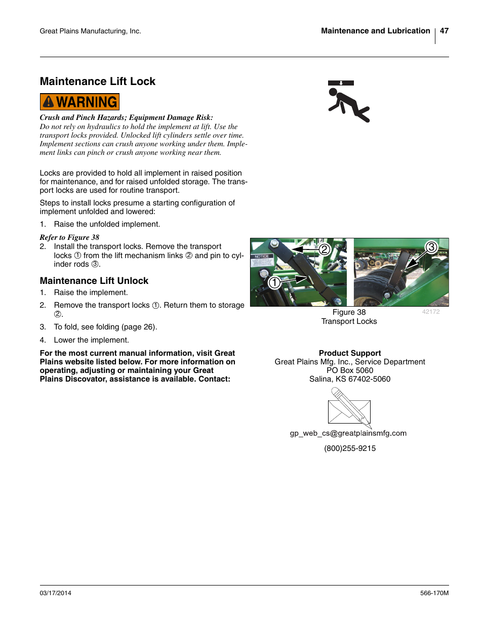 Maintenance lift lock, Maintenance lift unlock | Great Plains TCN5313 Operator Manual User Manual | Page 51 / 76