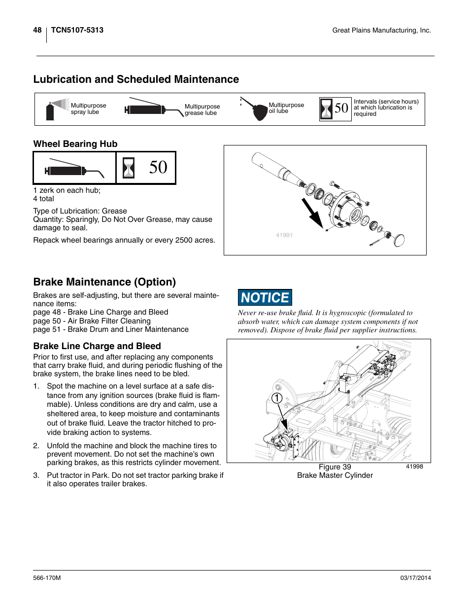 Lubrication and scheduled maintenance, Wheel bearing hub, Brake maintenance (option) | Brake line charge and bleed, Urbo-chisel as indicated under “ lubrica | Great Plains TCN5313 Operator Manual User Manual | Page 52 / 76