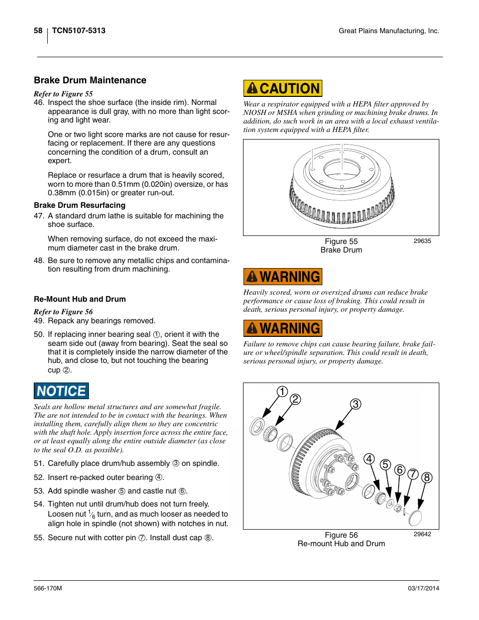 Brake drum maintenance, Brake drum resurfacing, Re-mount hub and drum | Great Plains TCN5313 Operator Manual User Manual | Page 62 / 76