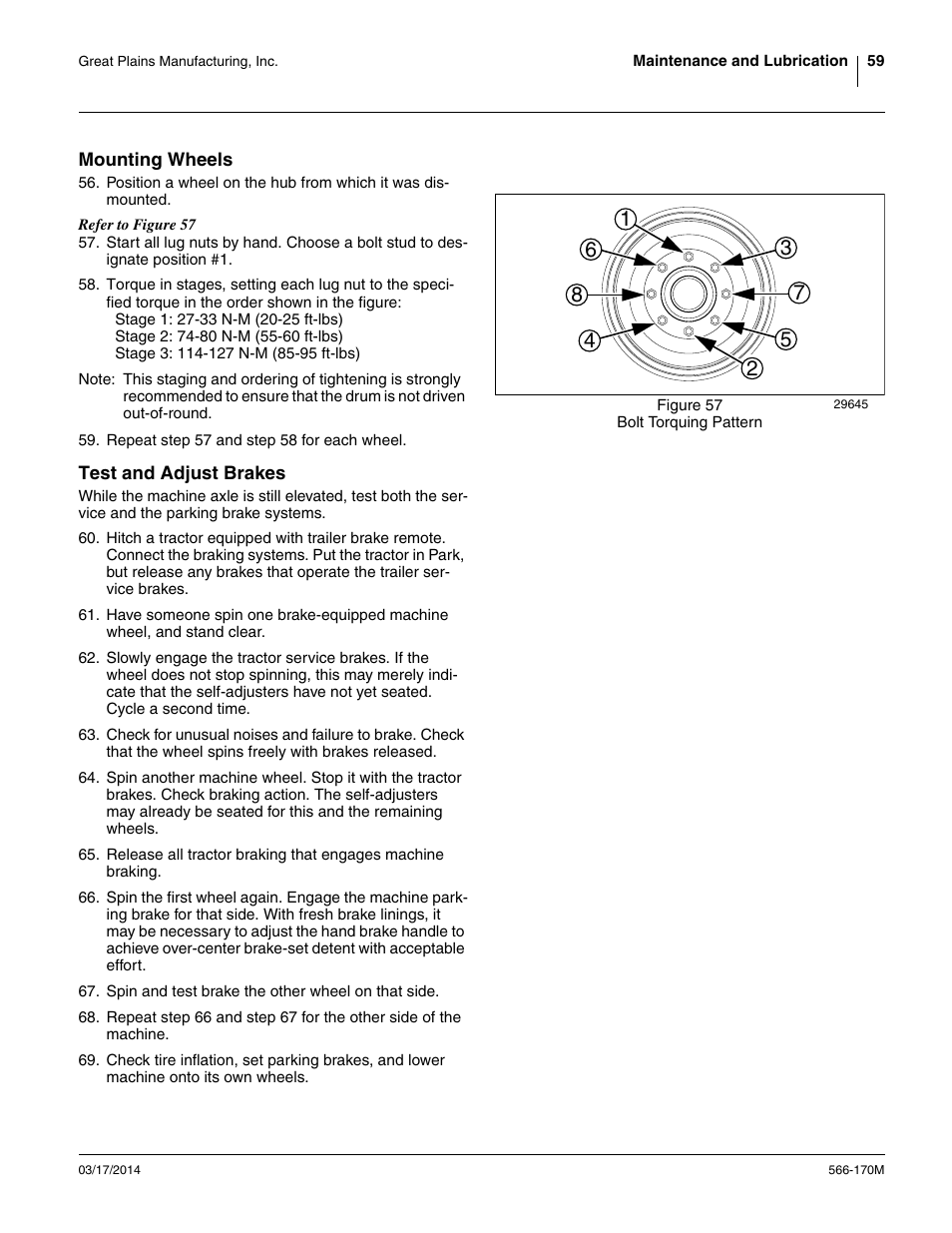 Mounting wheels, Test and adjust brakes, Mounting wheels test and adjust brakes | Great Plains TCN5313 Operator Manual User Manual | Page 63 / 76
