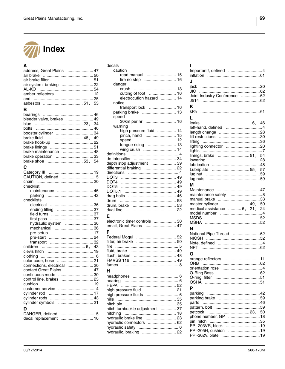 Index | Great Plains TCN5313 Operator Manual User Manual | Page 73 / 76