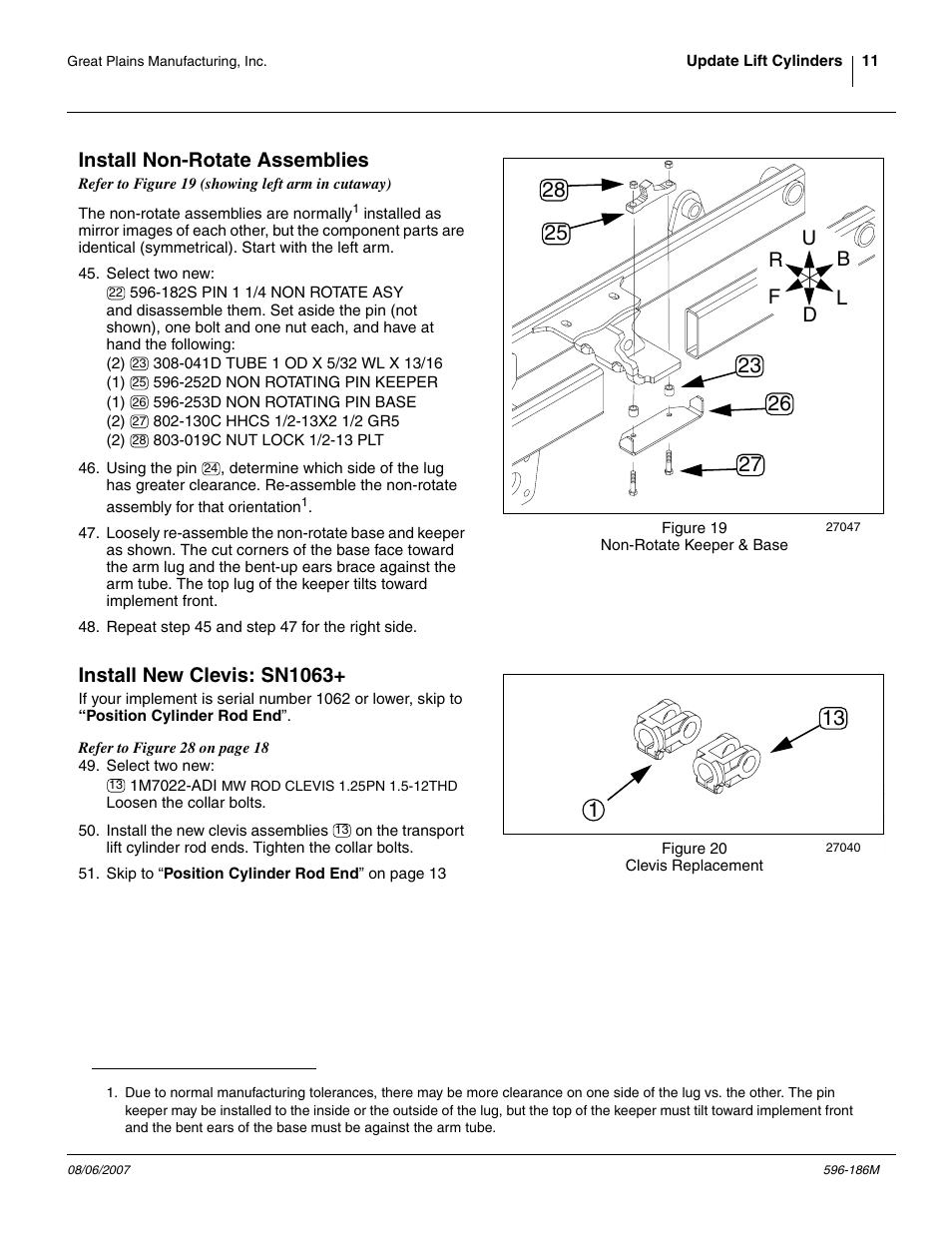 Install non-rotate assemblies, Install new clevis: sn1063, Erred until step 49, to | Great Plains Verti-Till Field Update User Manual | Page 11 / 22