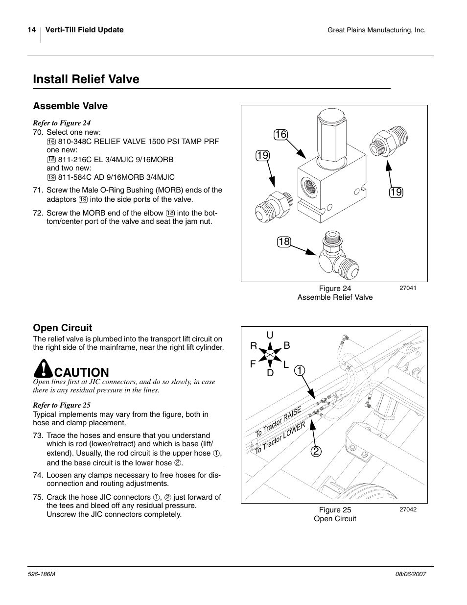 Install relief valve, Assemble valve, Open circuit | Caution | Great Plains Verti-Till Field Update User Manual | Page 14 / 22