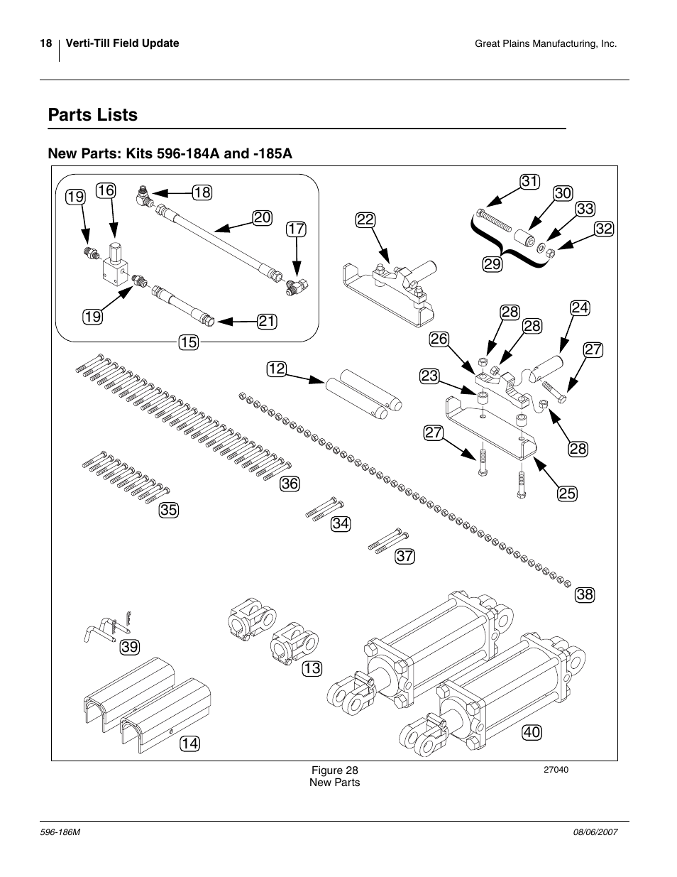 Parts lists, New parts: kits 596-184a and -185a, Refer to figure 28 | Great Plains Verti-Till Field Update User Manual | Page 18 / 22