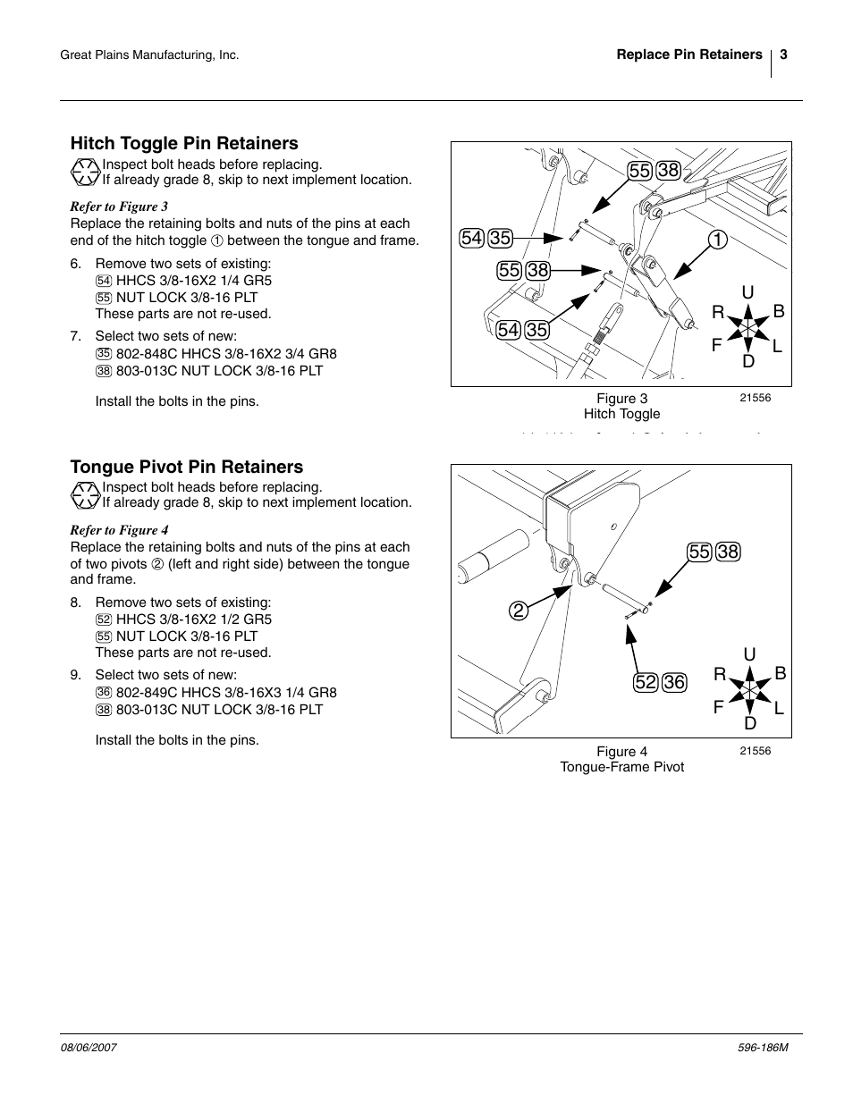 Hitch toggle pin retainers, Tongue pivot pin retainers | Great Plains Verti-Till Field Update User Manual | Page 3 / 22