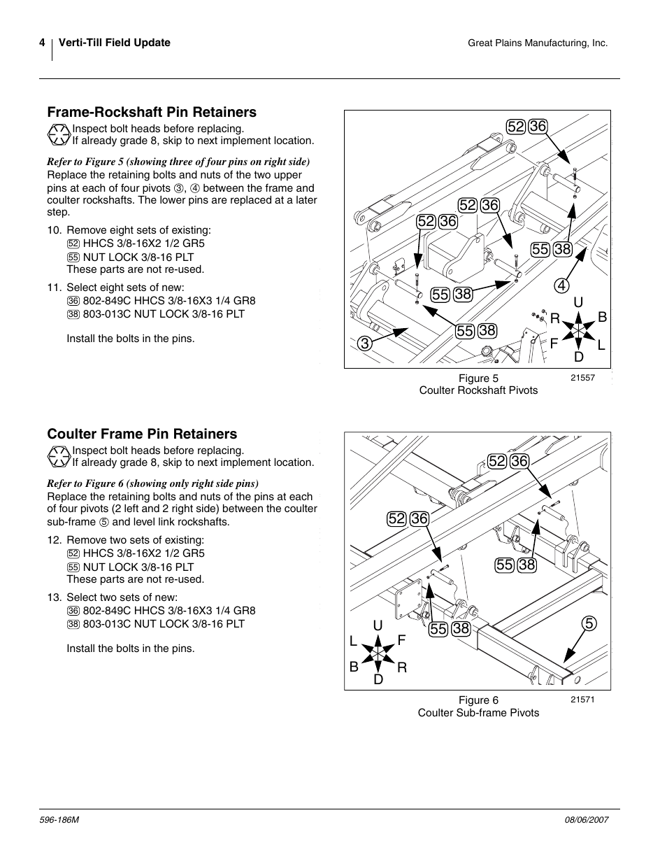 Frame-rockshaft pin retainers, Coulter frame pin retainers | Great Plains Verti-Till Field Update User Manual | Page 4 / 22