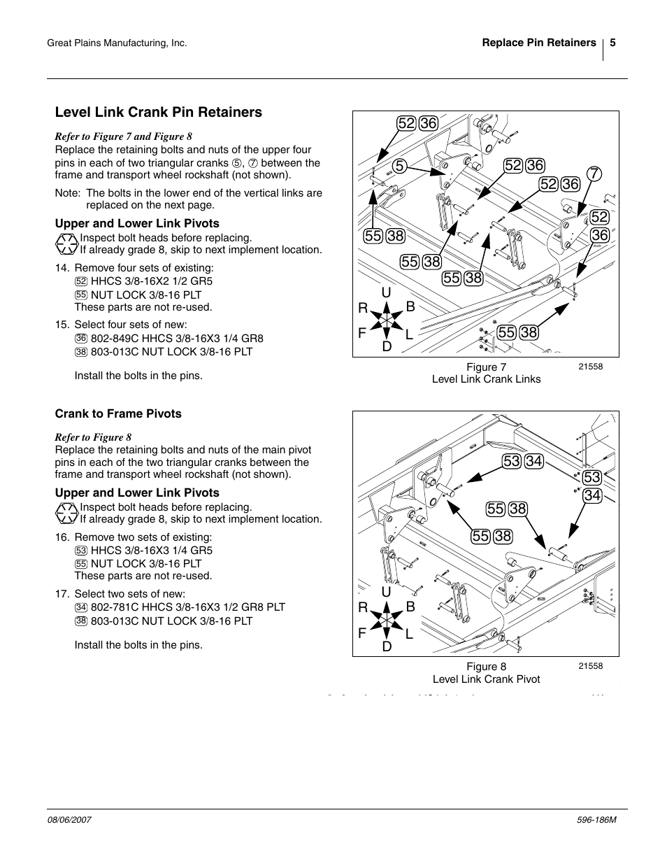 Level link crank pin retainers, Upper and lower link pivots, Crank to frame pivots | Great Plains Verti-Till Field Update User Manual | Page 5 / 22