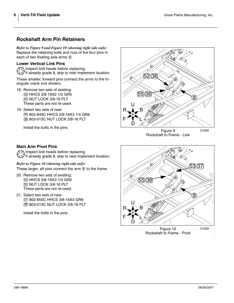 Rockshaft arm pin retainers, Lower vertical link pins, Main arm pivot pins | Great Plains Verti-Till Field Update User Manual | Page 6 / 22