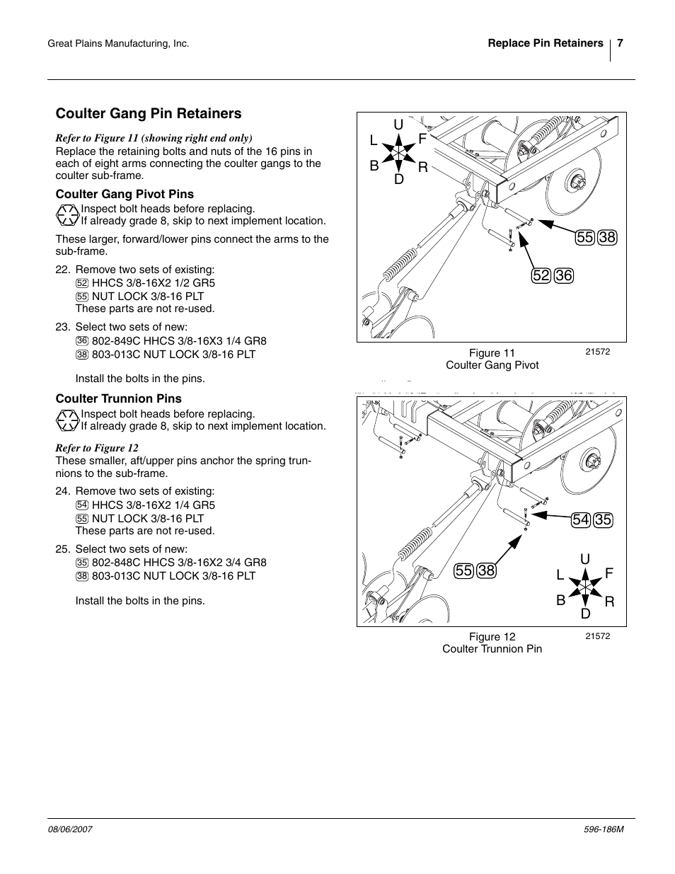 Coulter gang pin retainers, Coulter gang pivot pins, Coulter trunnion pins | Great Plains Verti-Till Field Update User Manual | Page 7 / 22