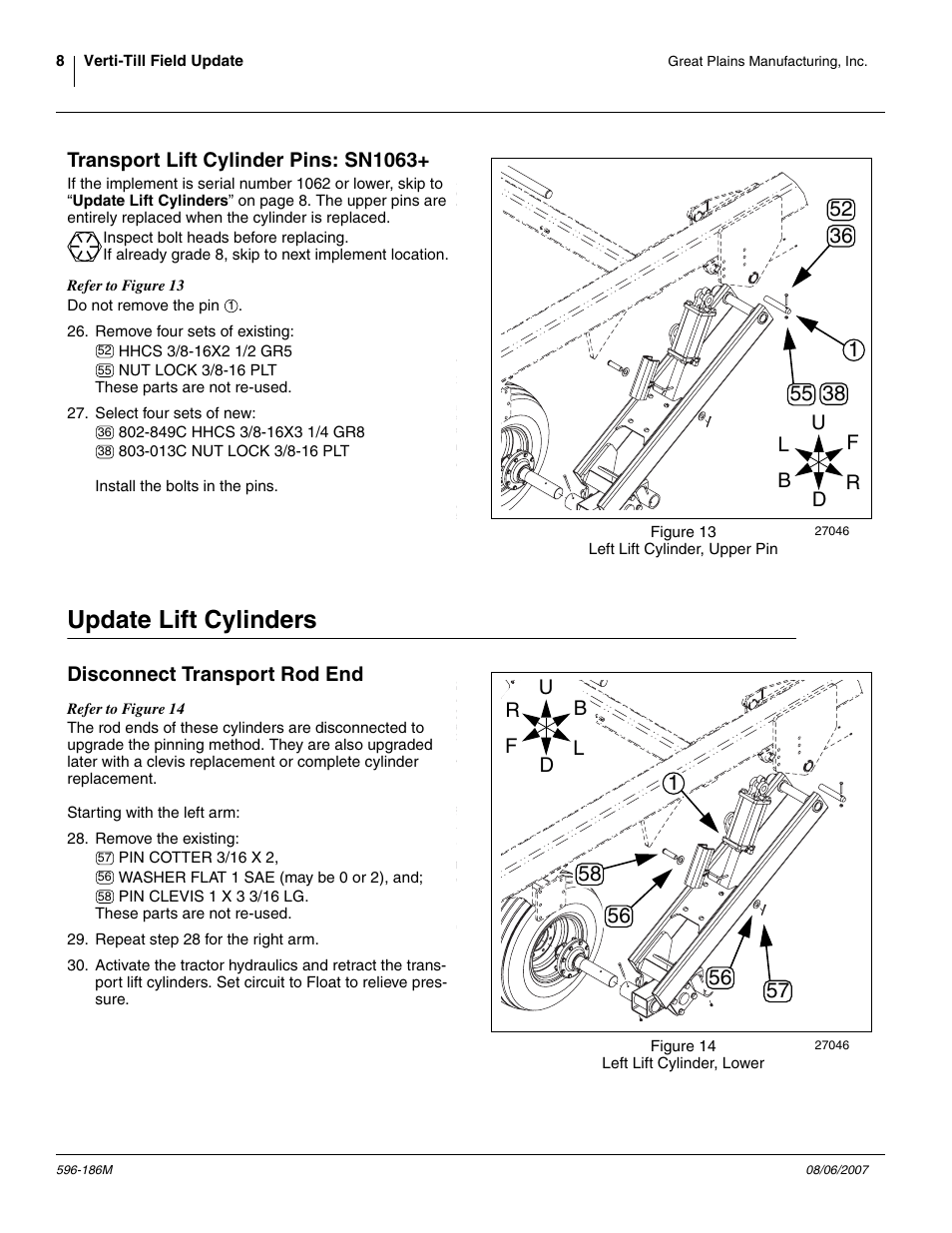 Transport lift cylinder pins: sn1063, Update lift cylinders, Disconnect transport rod end | Great Plains Verti-Till Field Update User Manual | Page 8 / 22