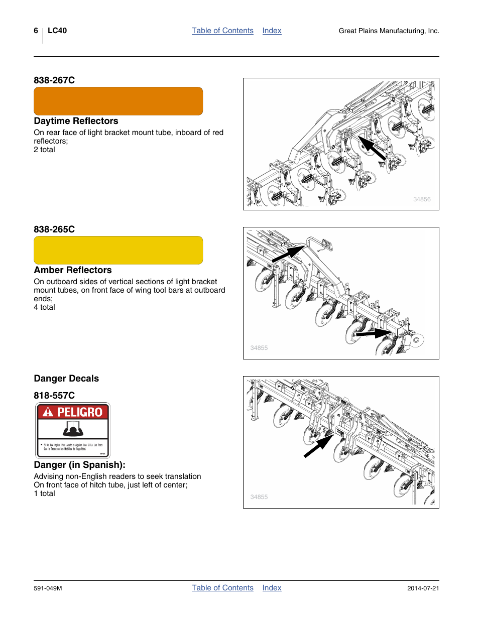267c daytime reflectors, 265c amber reflectors, Danger decals | 557c danger (in spanish) | Great Plains LC40 Operator Manual User Manual | Page 10 / 56