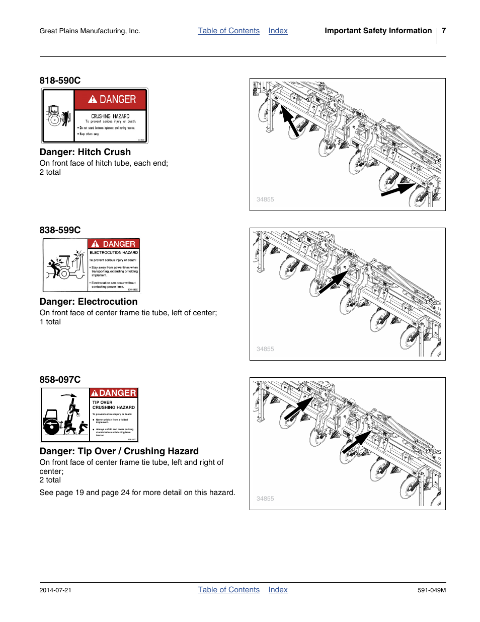 590c danger: hitch crush, 599c danger: electrocution, 097c danger: tip over / crushing hazard | Danger | Great Plains LC40 Operator Manual User Manual | Page 11 / 56