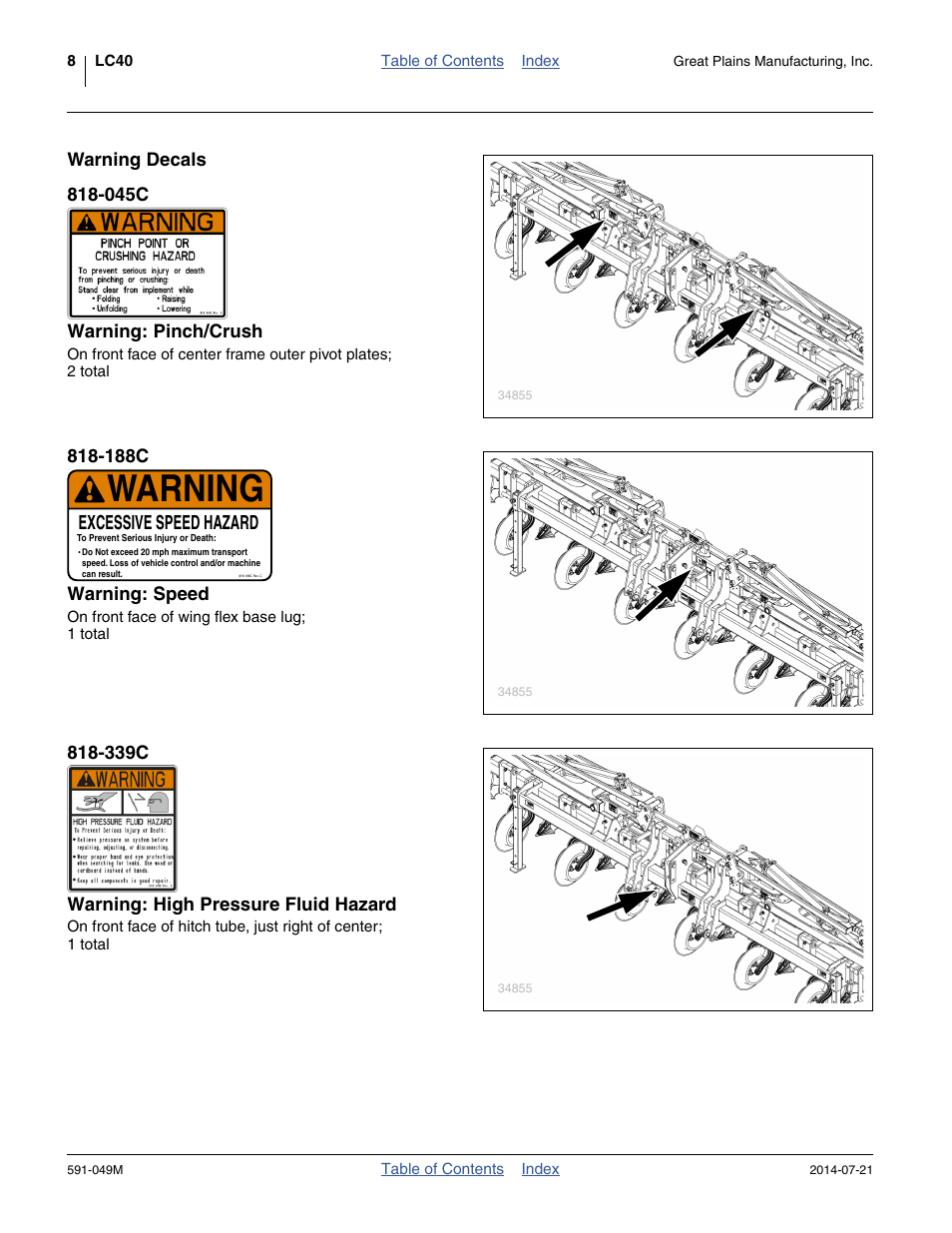Warning decals, 045c warning: pinch/crush, 188c warning: speed | 339c warning: high pressure fluid hazard, Warning, Excessive speed hazard | Great Plains LC40 Operator Manual User Manual | Page 12 / 56