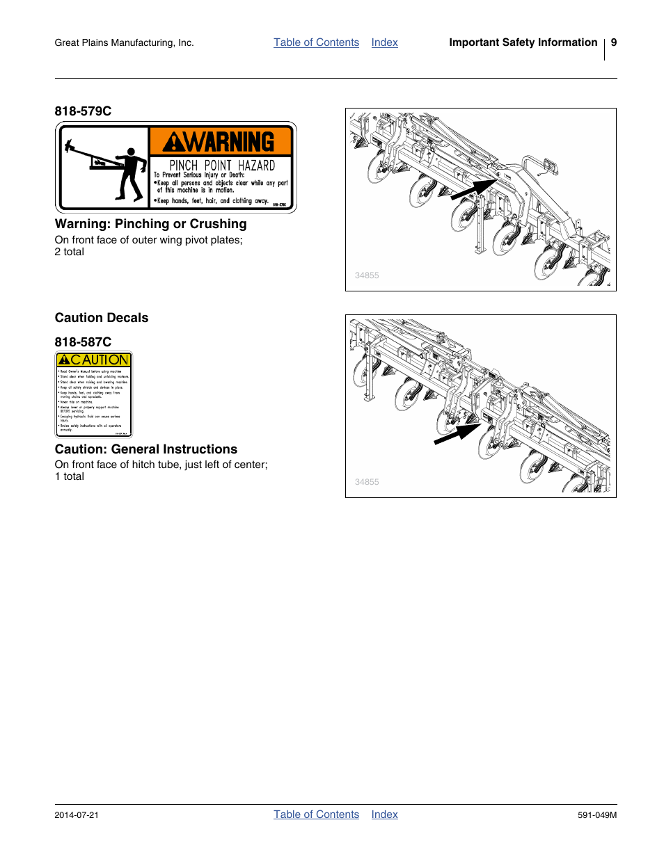 579c warning: pinching or crushing, Caution decals, 587c caution: general instructions | Great Plains LC40 Operator Manual User Manual | Page 13 / 56