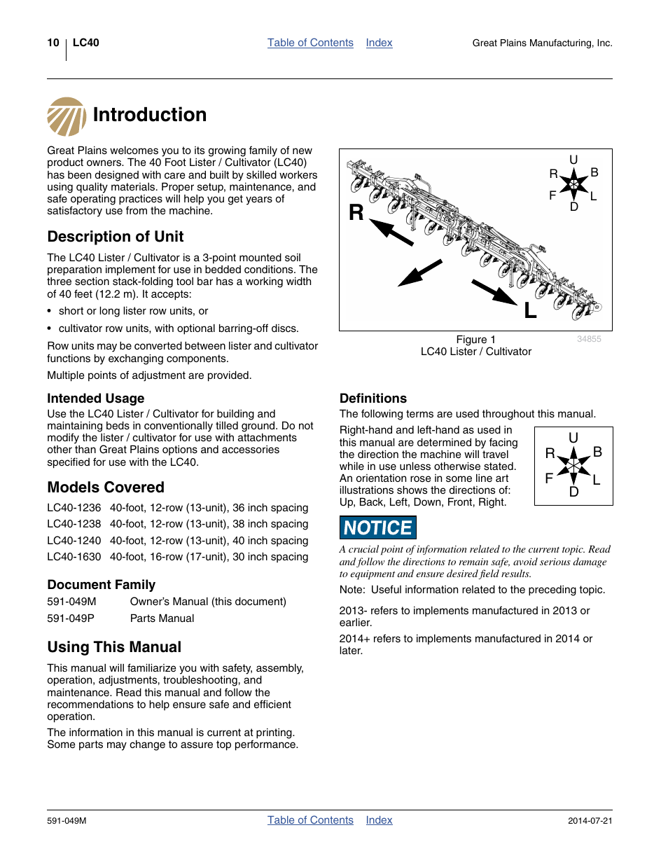 Introduction, Description of unit, Intended usage | Models covered, Document family, Using this manual, Definitions, Introduction description of unit | Great Plains LC40 Operator Manual User Manual | Page 14 / 56