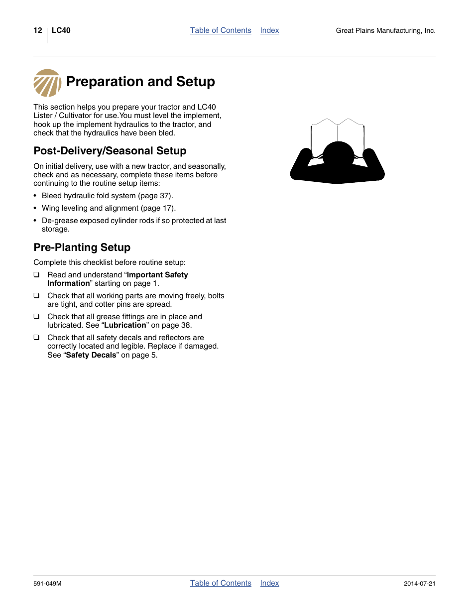 Preparation and setup, Post-delivery/seasonal setup, Pre-planting setup | Great Plains LC40 Operator Manual User Manual | Page 16 / 56