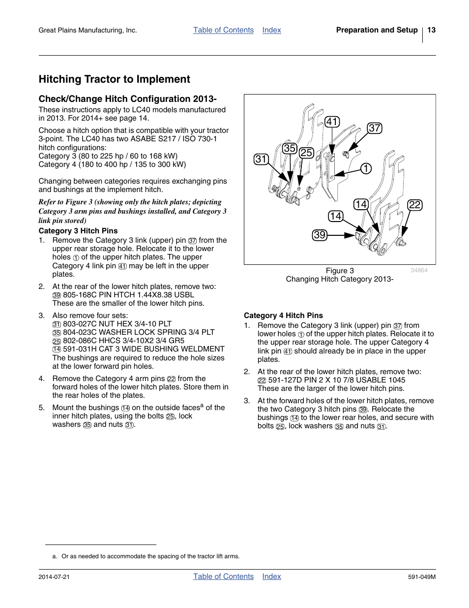 Hitching tractor to implement, Check/change hitch configuration 2013, Category 3 hitch pins | Category 4 hitch pins, Category 3 hitch pins category 4 hitch pins | Great Plains LC40 Operator Manual User Manual | Page 17 / 56