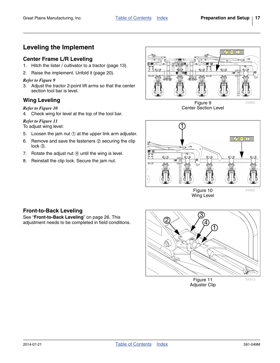 Leveling the implement, Center frame l/r leveling, Wing leveling | Front-to-back leveling | Great Plains LC40 Operator Manual User Manual | Page 21 / 56