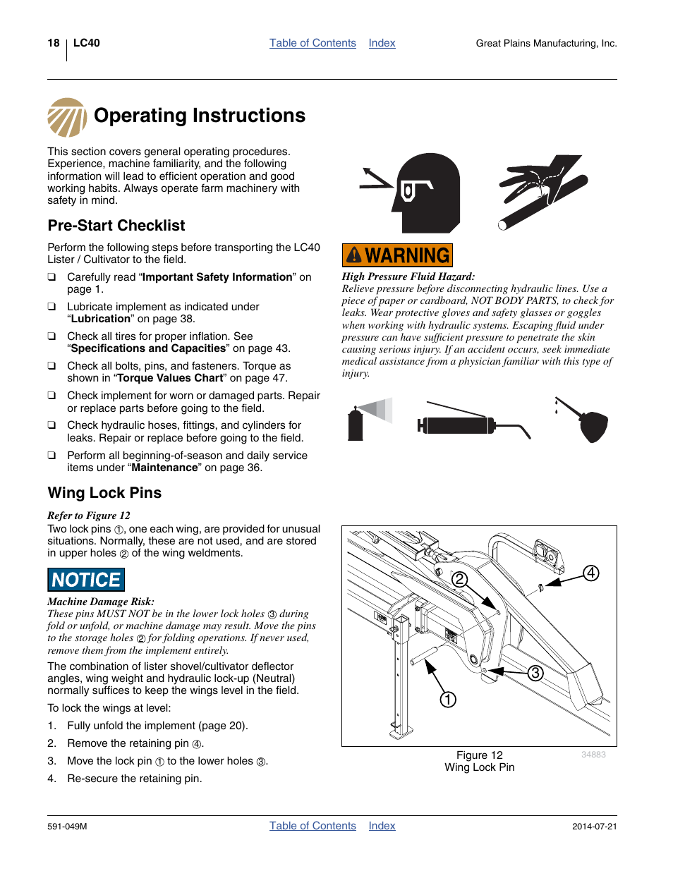 Operating instructions, Pre-start checklist, Wing lock pins | Great Plains LC40 Operator Manual User Manual | Page 22 / 56