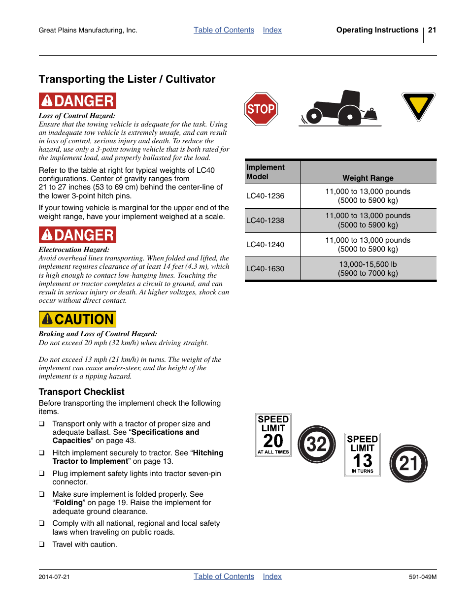 Transporting the lister / cultivator, Transport checklist | Great Plains LC40 Operator Manual User Manual | Page 25 / 56