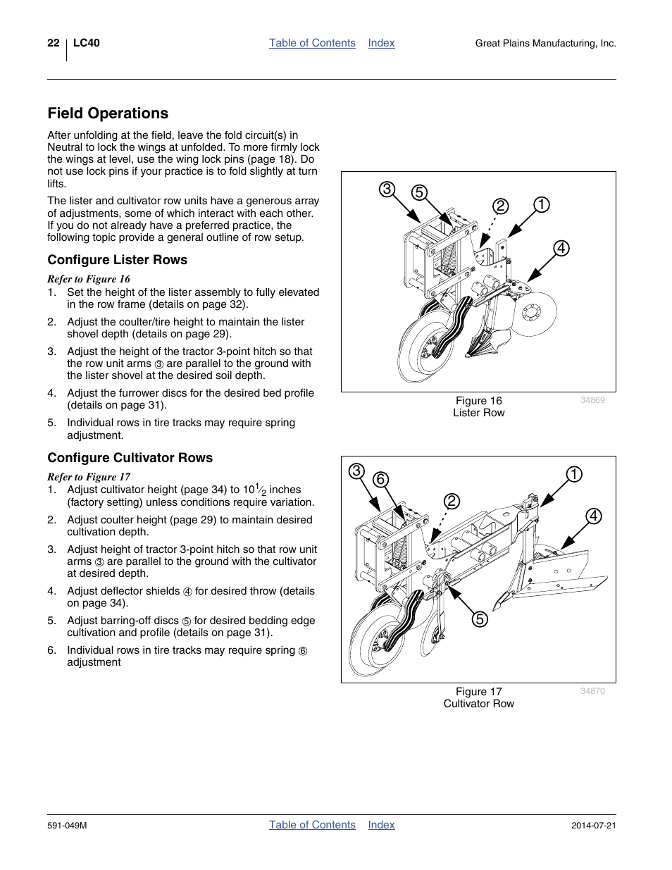 Field operations, Configure lister rows, Configure cultivator rows | Configure lister rows configure cultivator rows | Great Plains LC40 Operator Manual User Manual | Page 26 / 56