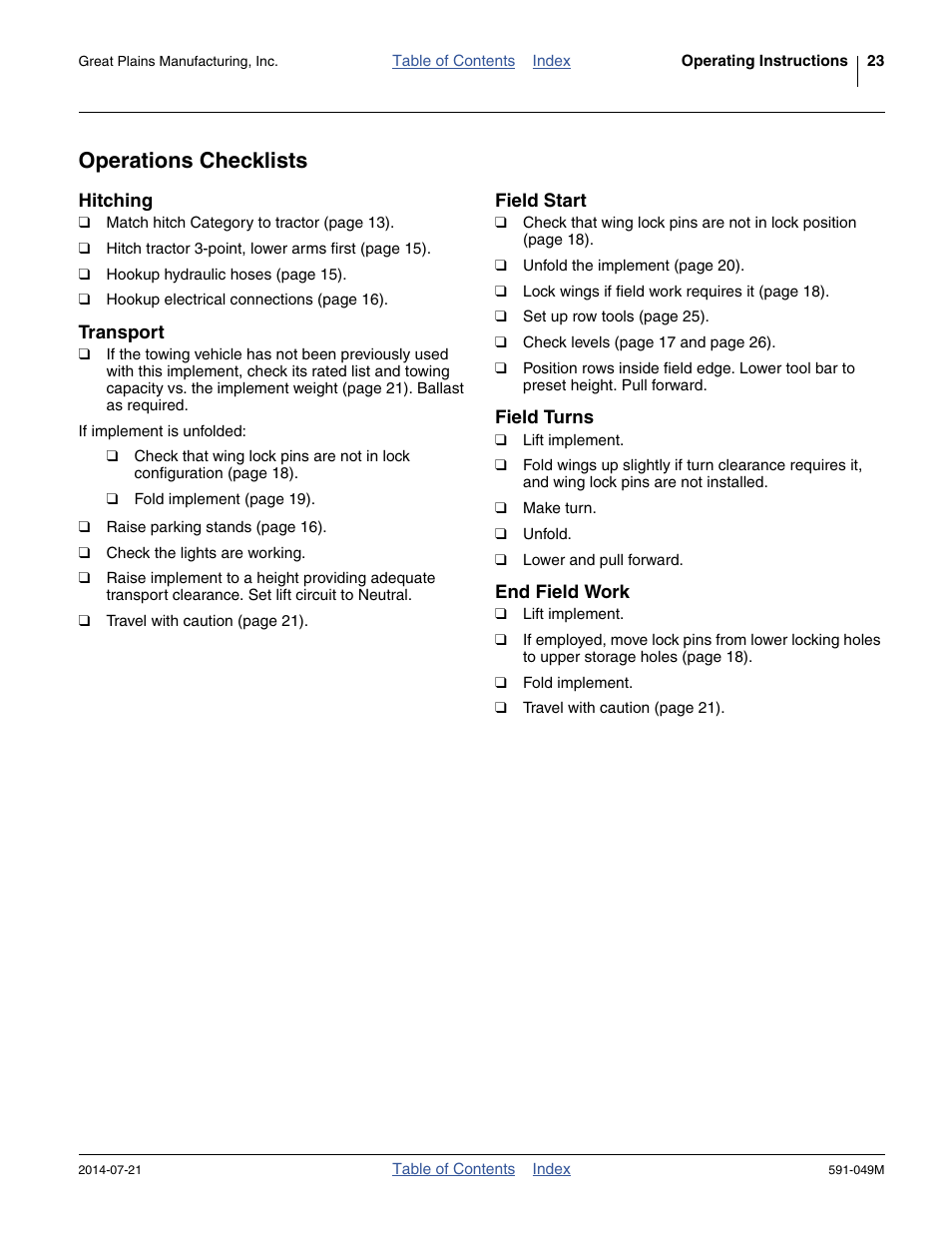 Operations checklists, Hitching, Transport | Field start, Field turns, End field work | Great Plains LC40 Operator Manual User Manual | Page 27 / 56