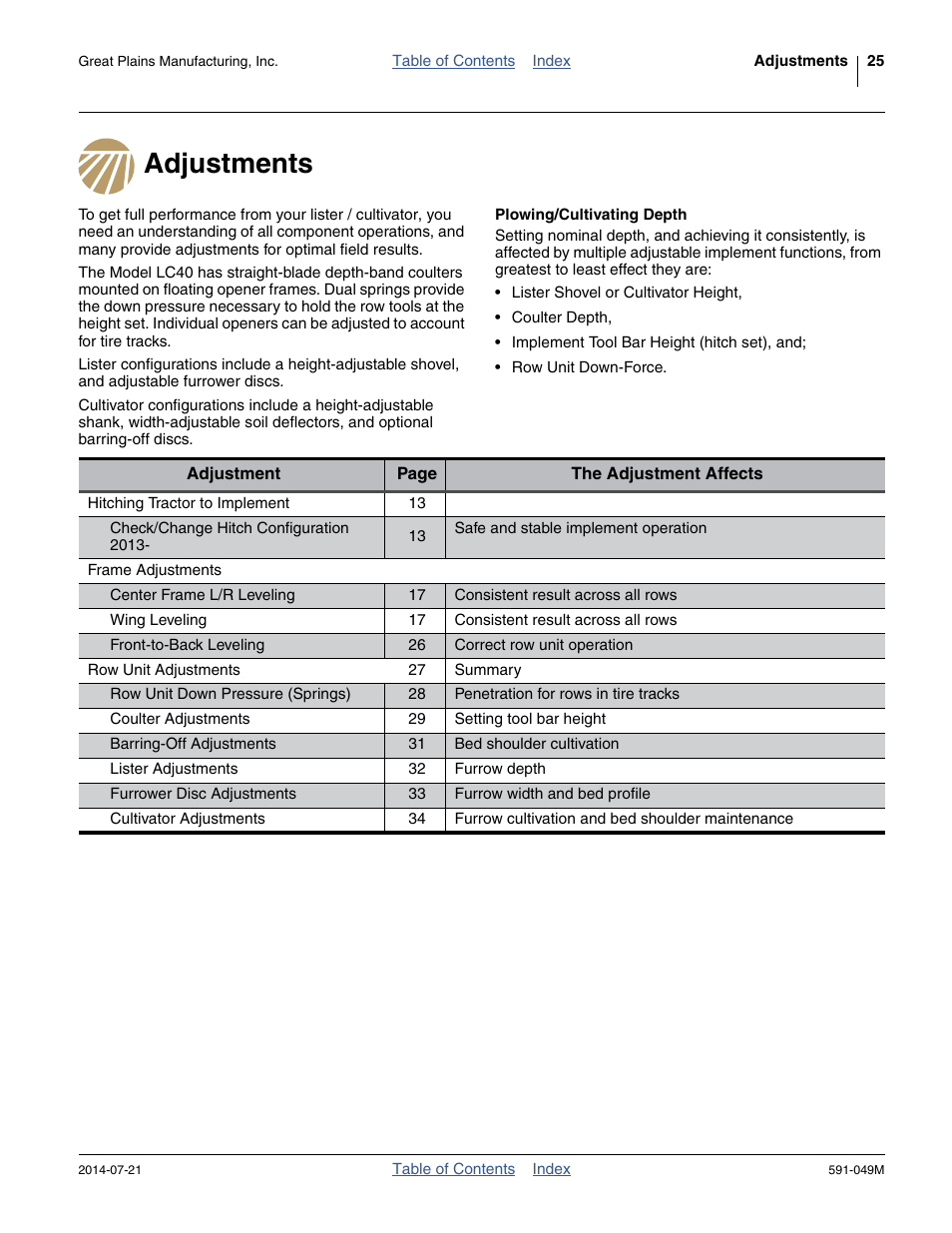 Adjustments, Plowing/cultivating depth | Great Plains LC40 Operator Manual User Manual | Page 29 / 56