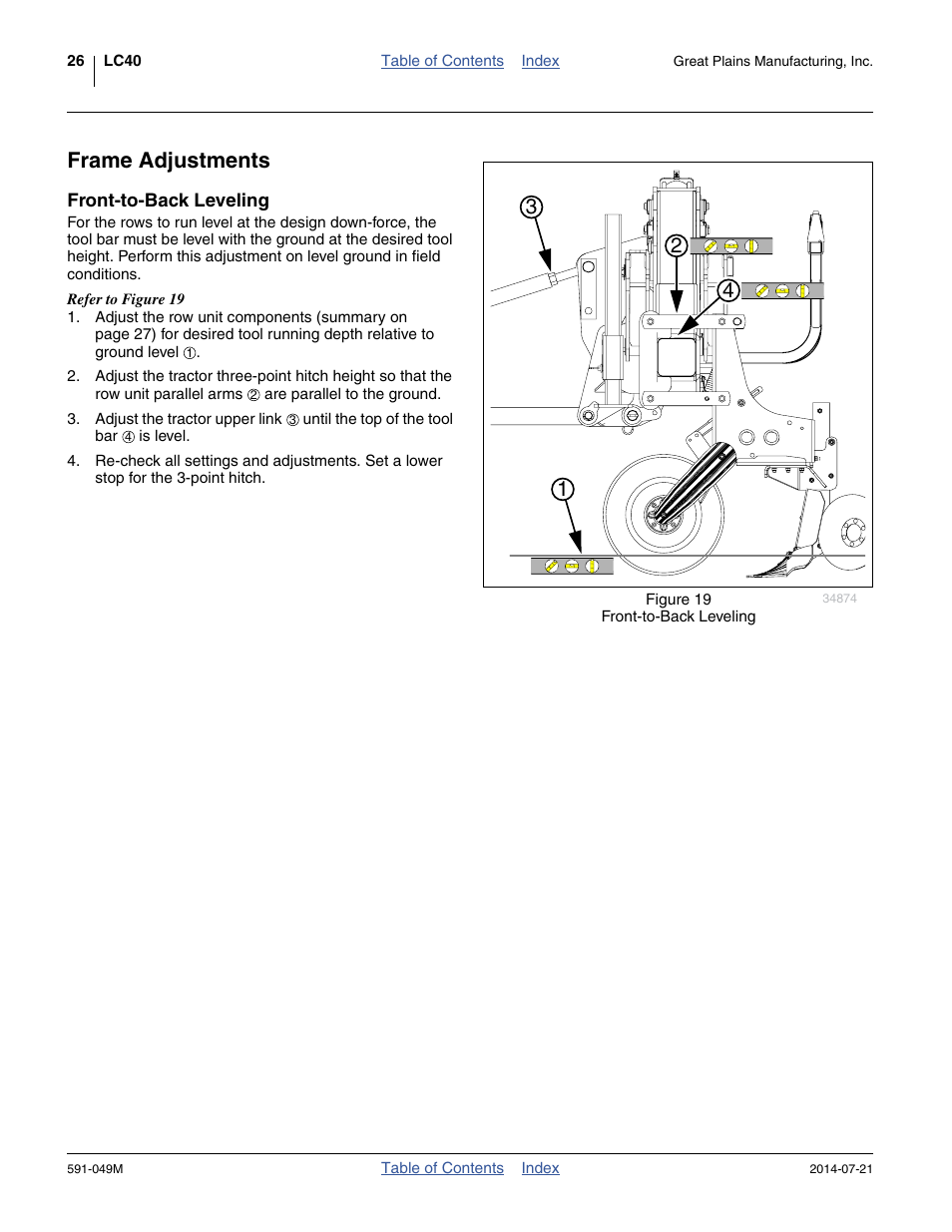 Frame adjustments, Front-to-back leveling | Great Plains LC40 Operator Manual User Manual | Page 30 / 56