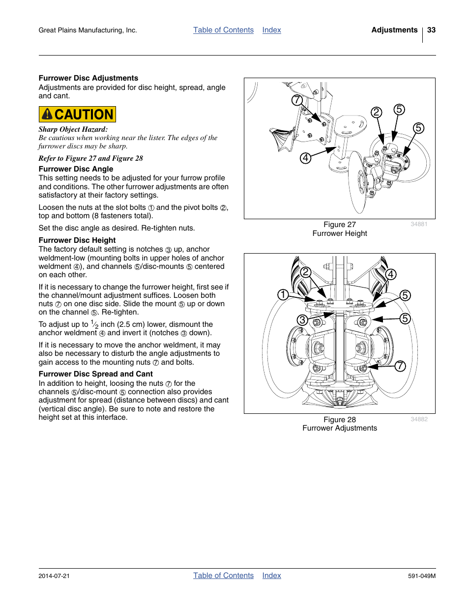 Furrower disc adjustments, Furrower disc angle, Furrower disc height | Furrower disc spread and cant | Great Plains LC40 Operator Manual User Manual | Page 37 / 56