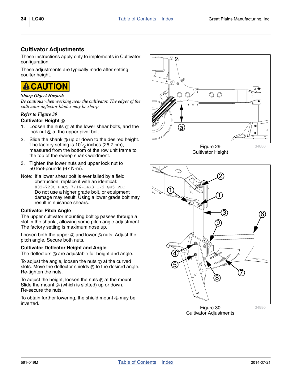 Cultivator adjustments, Cultivator height, Cultivator pitch angle | Cultivator deflector height and angle | Great Plains LC40 Operator Manual User Manual | Page 38 / 56