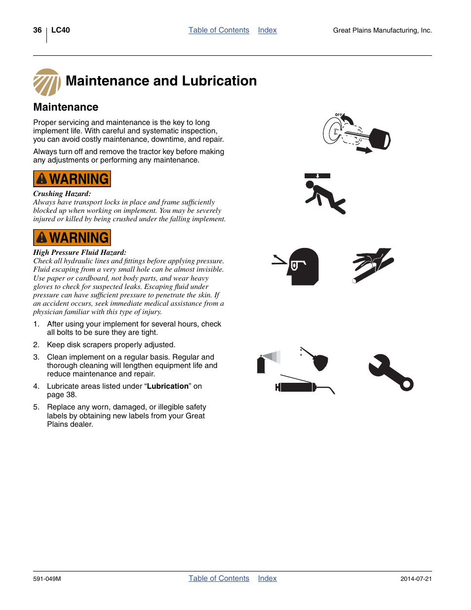 Maintenance and lubrication, Maintenance, Maintenance and lubrication maintenance | Great Plains LC40 Operator Manual User Manual | Page 40 / 56