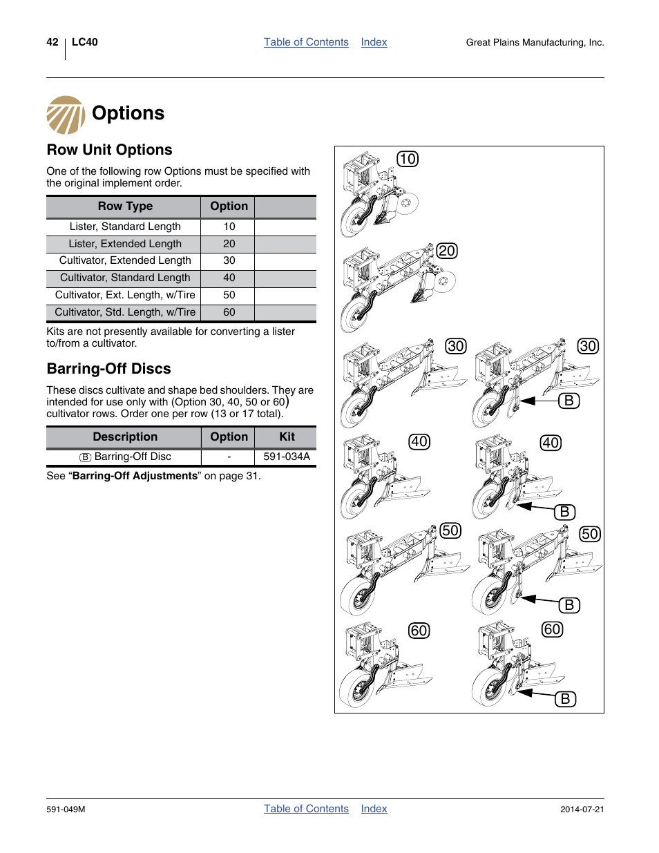 Options, Row unit options, Barring-off discs | Great Plains LC40 Operator Manual User Manual | Page 46 / 56