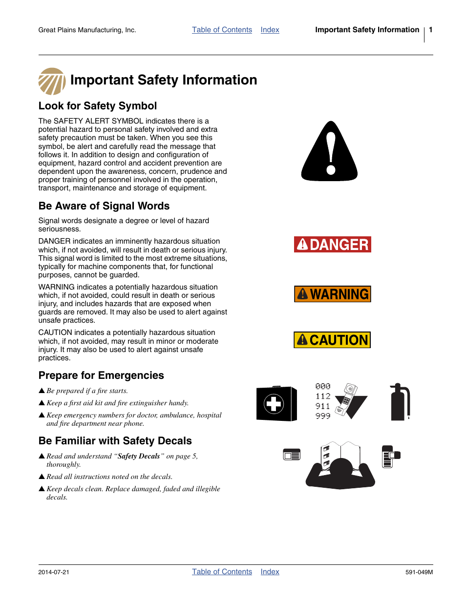 Important safety information, Look for safety symbol, Be aware of signal words | Prepare for emergencies, Be familiar with safety decals | Great Plains LC40 Operator Manual User Manual | Page 5 / 56