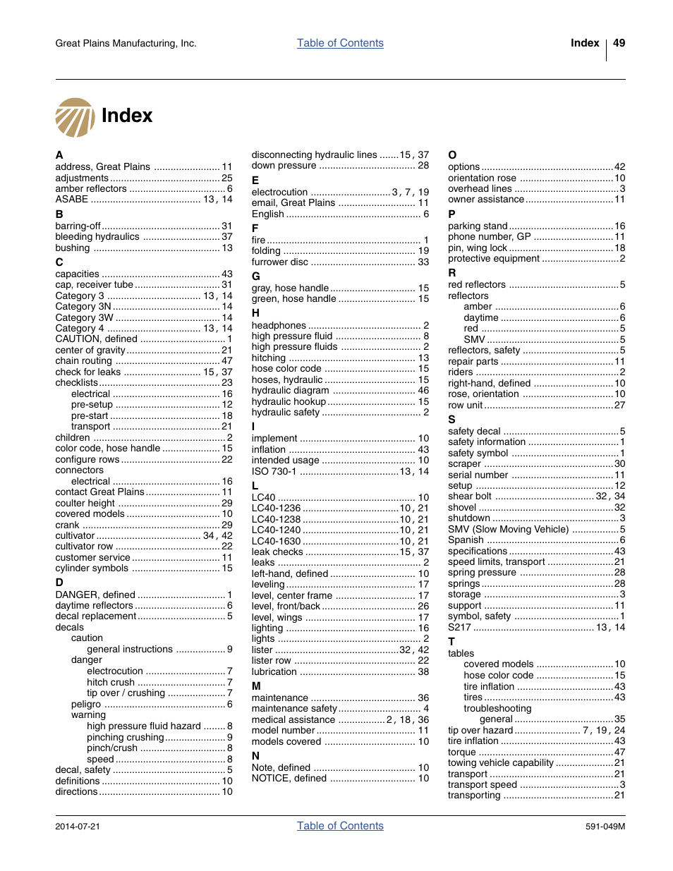 Index | Great Plains LC40 Operator Manual User Manual | Page 53 / 56