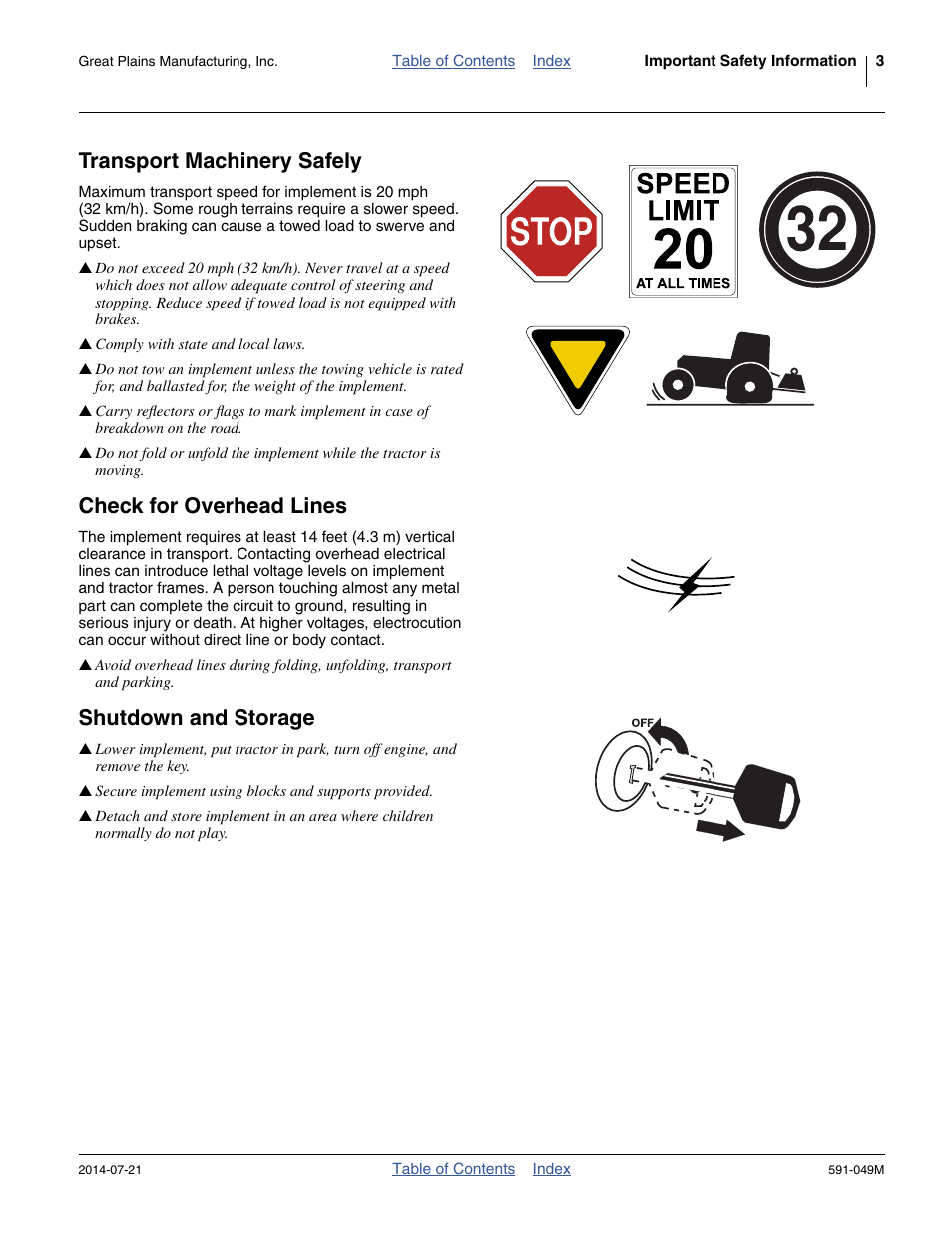 Transport machinery safely, Check for overhead lines, Shutdown and storage | Great Plains LC40 Operator Manual User Manual | Page 7 / 56