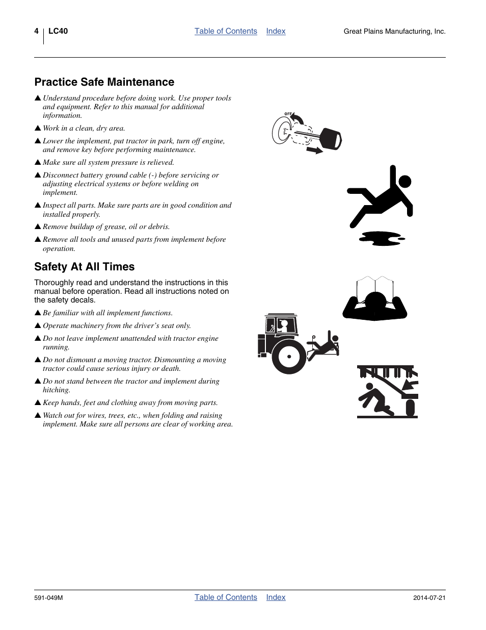 Practice safe maintenance, Safety at all times | Great Plains LC40 Operator Manual User Manual | Page 8 / 56