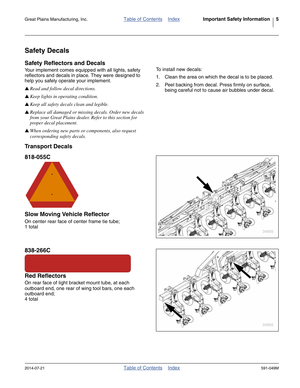 Safety decals, Safety reflectors and decals, Transport decals | 055c slow moving vehicle reflector, 266c red reflectors | Great Plains LC40 Operator Manual User Manual | Page 9 / 56