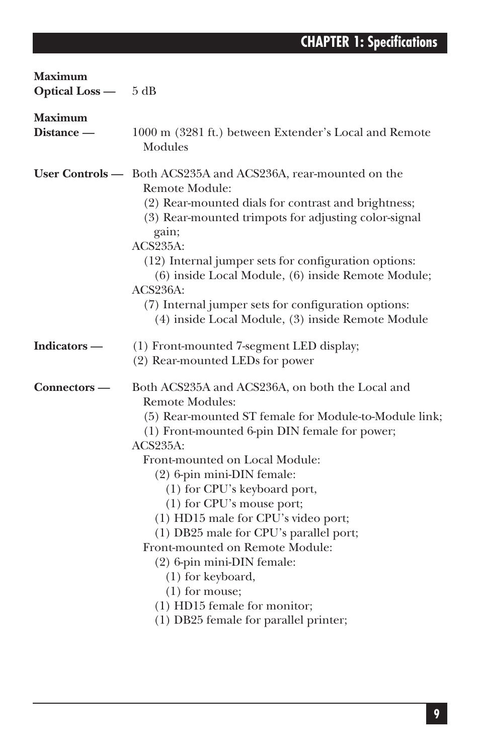 Chapter 1: specifications | Black Box ACS235A User Manual | Page 10 / 103