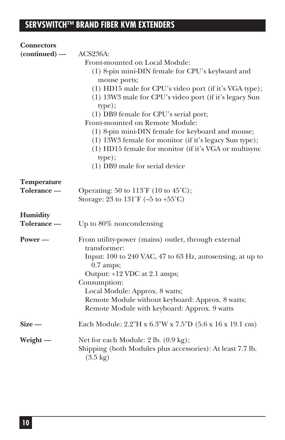 Servswitch™ brand fiber kvm extenders | Black Box ACS235A User Manual | Page 11 / 103