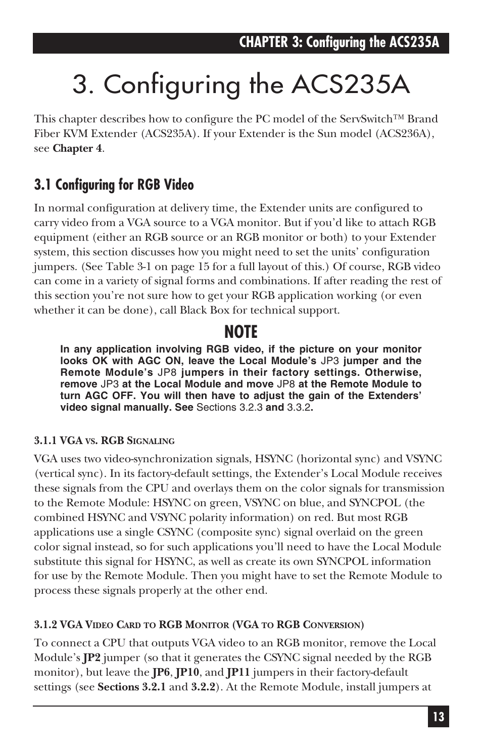 Configuring the acs235a, Chapter 3: configuring the acs235a, 1 configuring for rgb video | Black Box ACS235A User Manual | Page 14 / 103